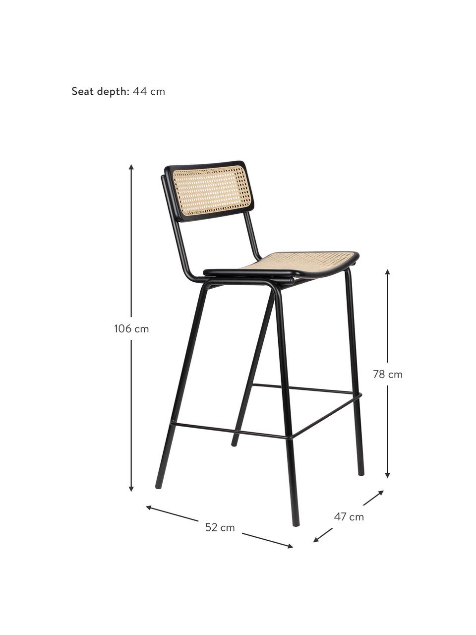 Barstuhl Jort mit Wiener Geflecht, Sitzfläche: Rattan, Rahmen: Birkenholz, massiv, lacki, Beine: Stahl, pulverbeschichtet, Schwarz, Beige, B 47 x H 106 cm