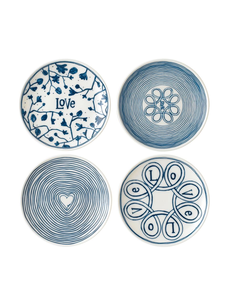 Ontbijtbordenset Love in wit/blauw met patroon, 4-delig, Porselein, Ivoorkleurig, kobaltblauw, Ø 16 cm