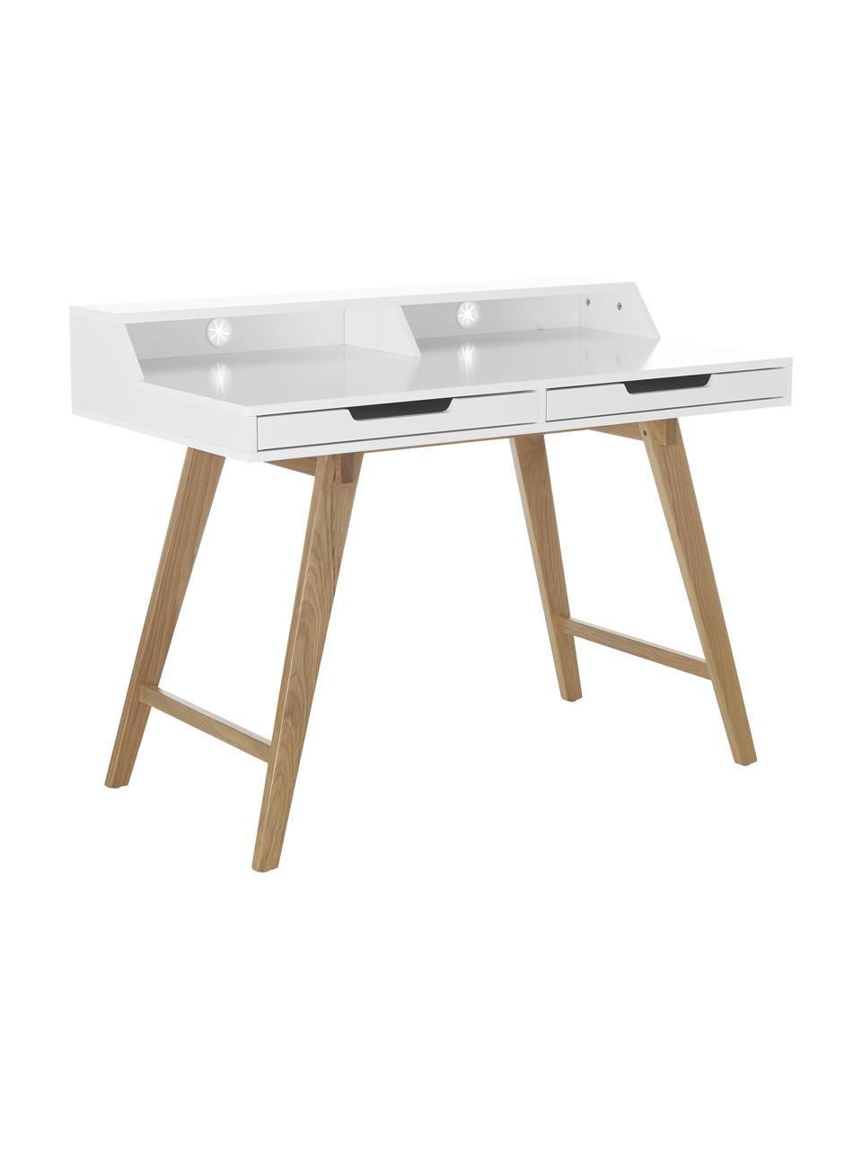 Schreibtisch Skandi in Weiß mit Holzbeinen, Korpus: Mitteldichte Holzfaserpla, Beine: Eichenholz, massiv, Weiß, 110 x 85 cm