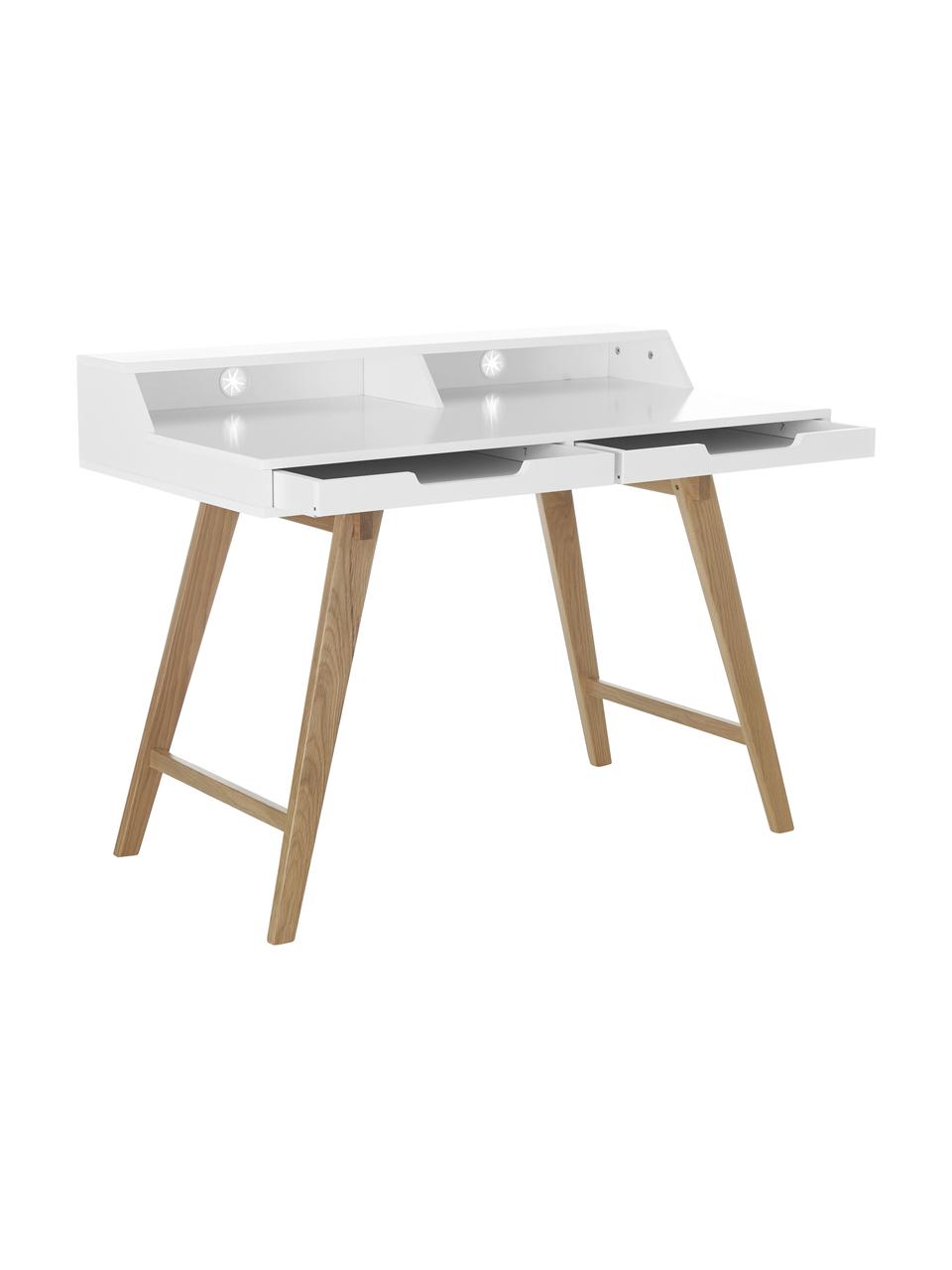 Bureau Skandi in wit met houten poten, Frame: MDF, Poten: massief eikenhout, Wit, eikenhoutkleurig, B 110 x H 85 cm