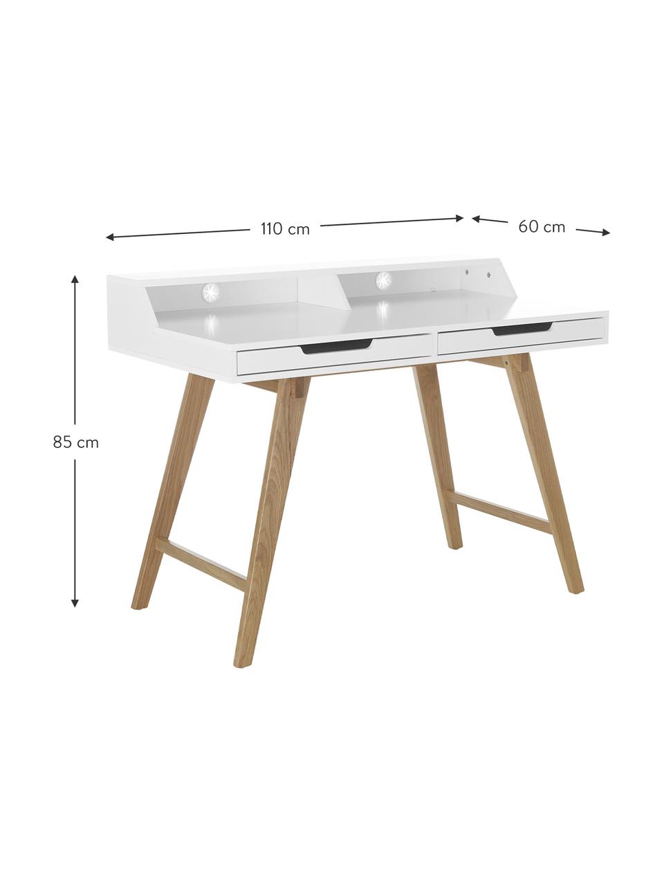 Bureau avec pieds en bois Skandi, Blanc, bois de chêne, larg. 110 x haut. 85 cm