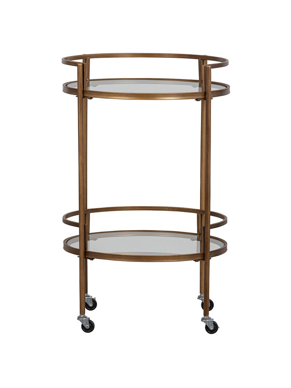 Ronde glazen serveerwagen Zora, Frame: gepoedercoat metaal, Plateaus: glas, Messingkleurig, Ø 50 x H 79 cm