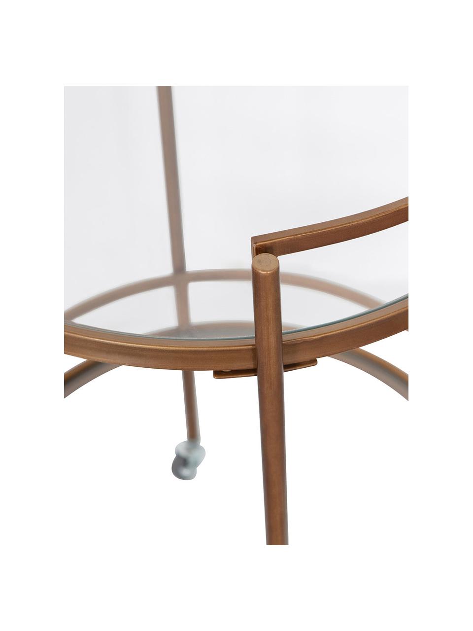 Ronde glazen serveerwagen Zora, Frame: gepoedercoat metaal, Plateaus: glas, Messingkleurig, Ø 50 x H 79 cm