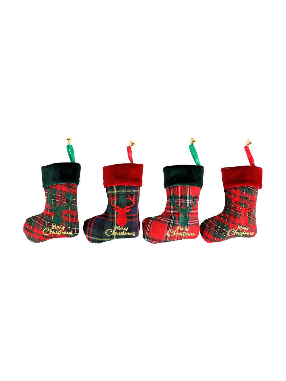 Kerstsokken Merry Christmas H 17 cm, 4 stuks, Polyester, katoen, Groen, donkergroen, rood, goudkleurig, B 14 x L 17 cm