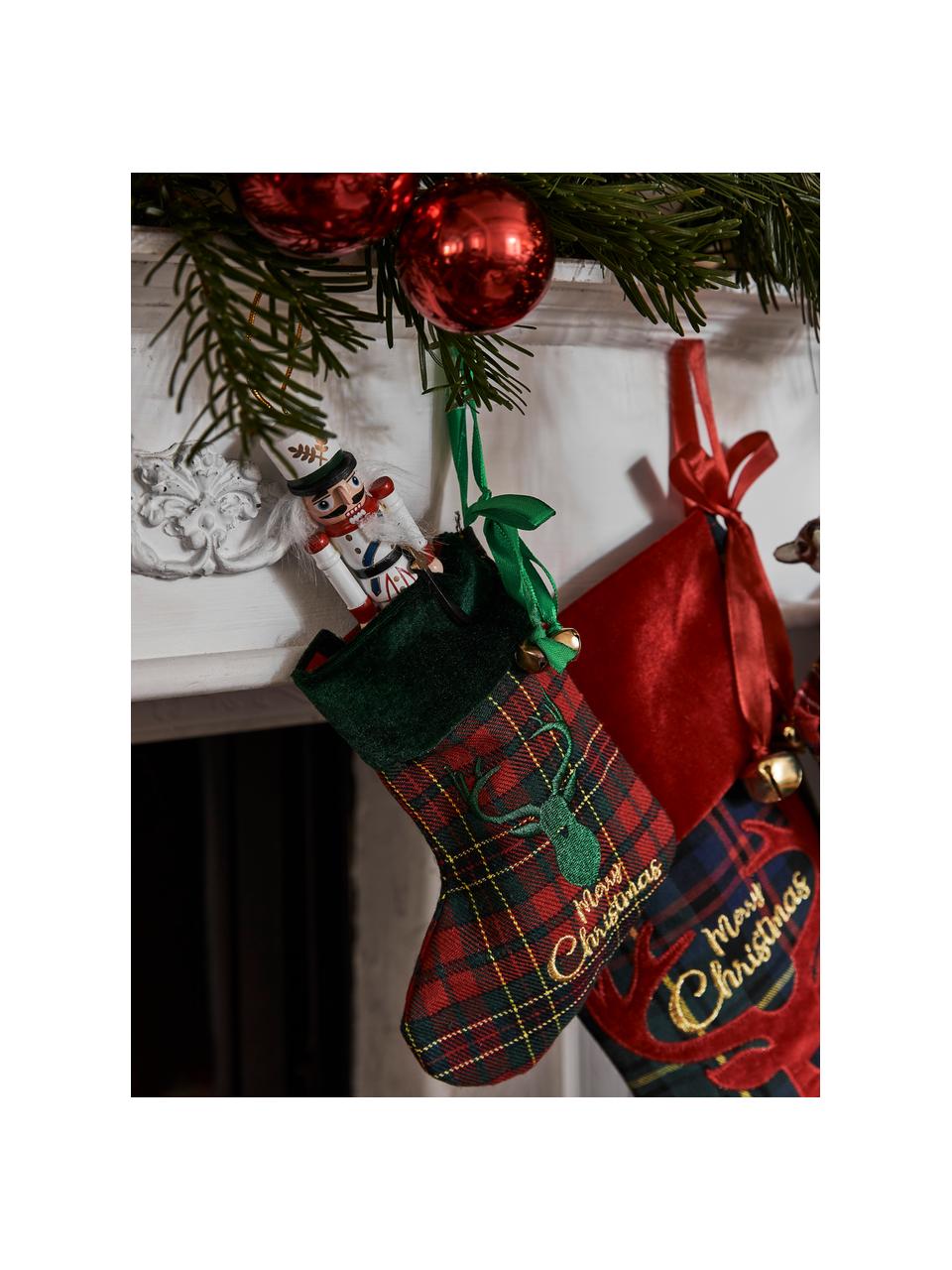 Kerstsokken Merry Christmas H 17 cm, 4 stuks, Polyester, katoen, Groen, donkergroen, rood, goudkleurig, B 14 x L 17 cm