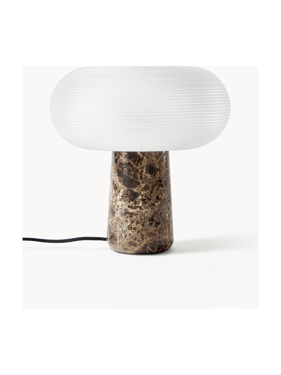 Lámpara de mesa de mármol Mariella, Pantalla: vidrio, Cable: cubierto en tela, Blanco, mármol marrón oscuro, Ø 32 x Al 33 cm