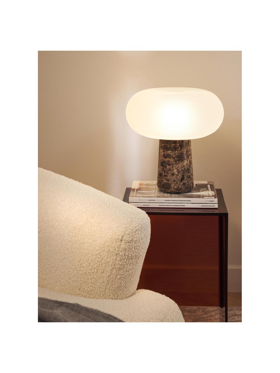 Lámpara de mesa de mármol Mariella, Pantalla: vidrio, Cable: cubierto en tela, Blanco, mármol marrón oscuro, Ø 32 x Al 33 cm