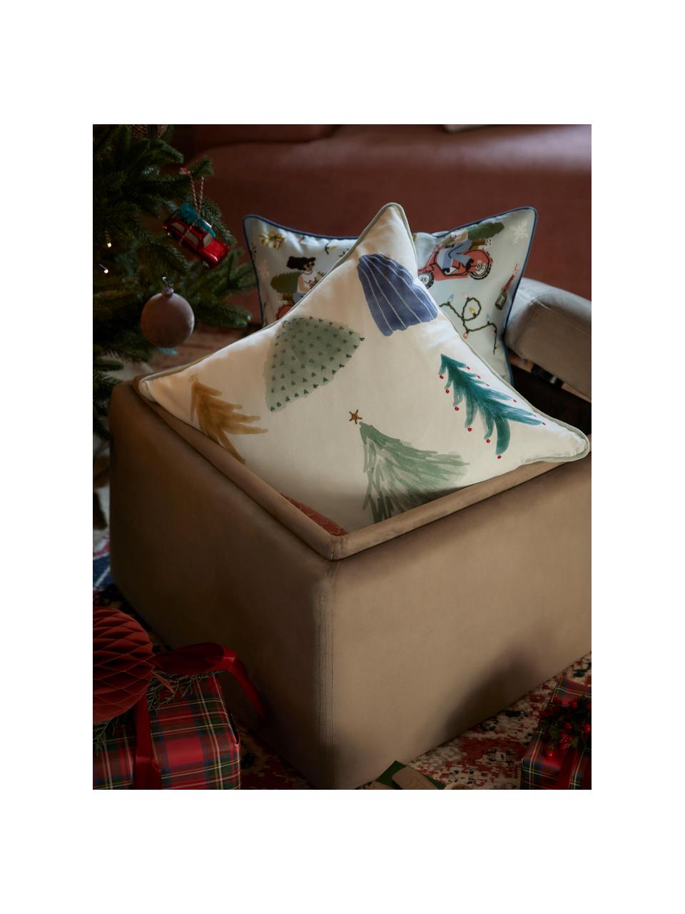Geborduurde kussenhoes Festive met kerstboommotief, Bekleding: 100% katoen, Wit, meerkleurig, B 45 x L 45 cm