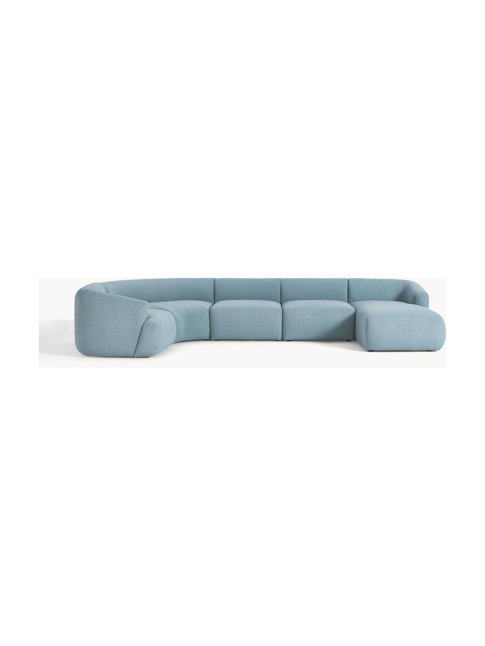 Sofa modułowa Bouclé Sofia, Tapicerka: Bouclé (100% poliester) D, Stelaż: drewno świerkowe, płyta w, Nogi: tworzywo sztuczne Ten pro, Niebieski Bouclé, S 404 x G 231 cm, prawostronna