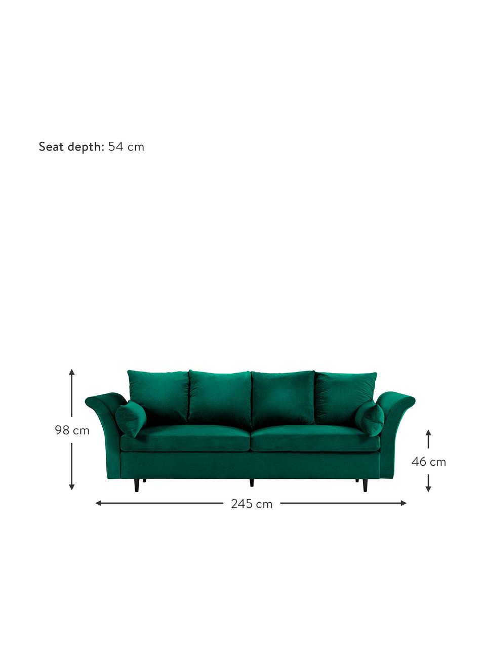 Sametová rozkládací pohovka s úložným prostorem Lola (3místná), Láhvově zelená, tmavě hnědá, Š 245 cm, H 95 cm