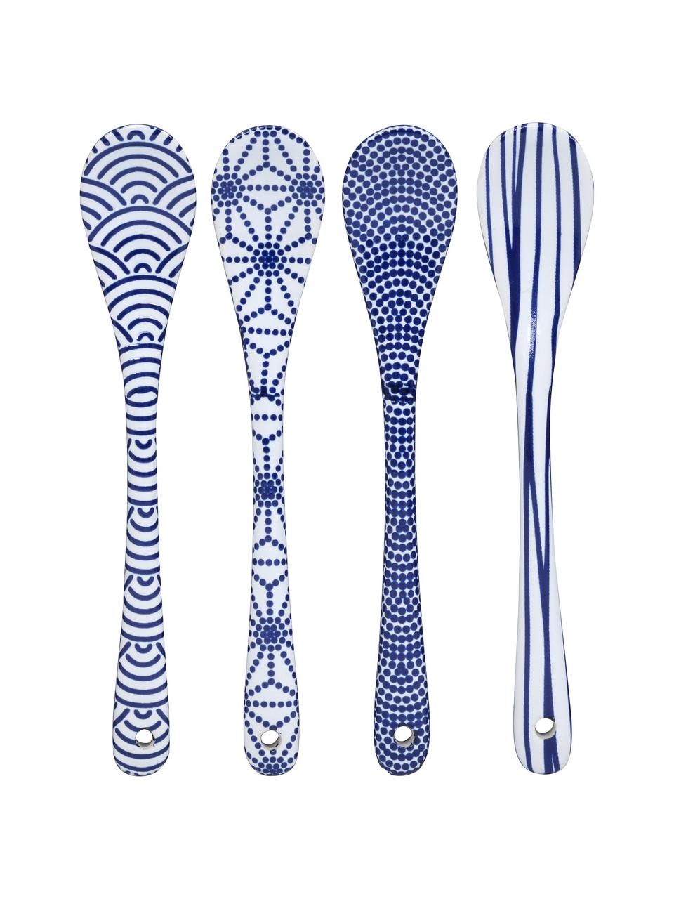 Set de cucharas artesanales Nippon, 4 uds., Porcelana, Azul, blanco, L 13 cm