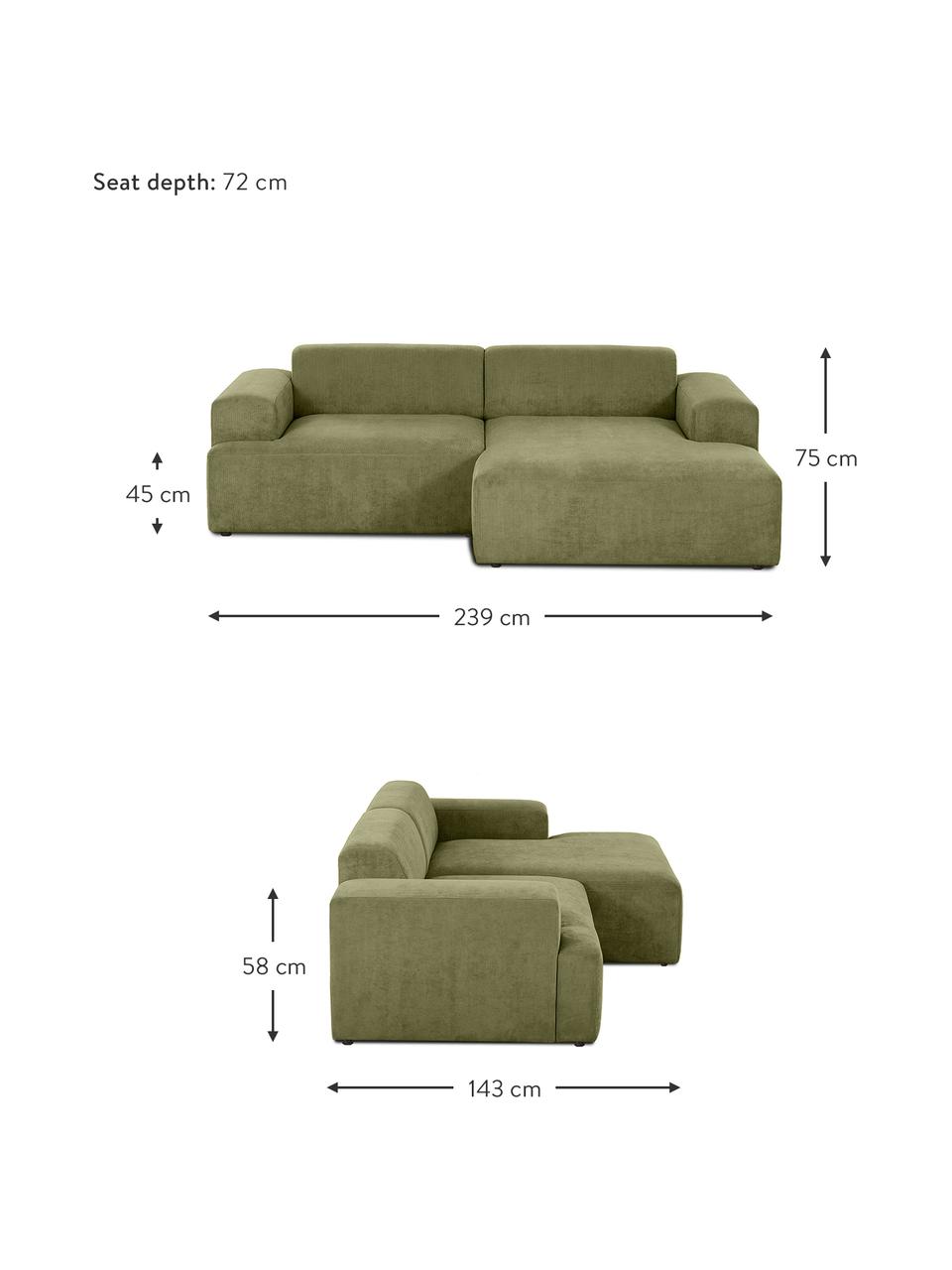 Cord-Ecksofa Melva (3-Sitzer), Bezug: Cord (92% Polyester, 8% P, Gestell: Massives Kiefernholz, FSC, Füße: Kunststoff, Cord Olivgrün, B 239 x T 143 cm, Eckteil rechts
