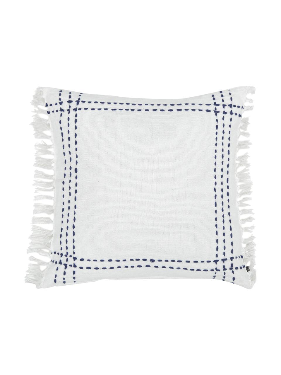 Housse de coussin pur coton à franges Finca, 100 % coton, Blanc, bleu, larg. 50 x long. 50 cm