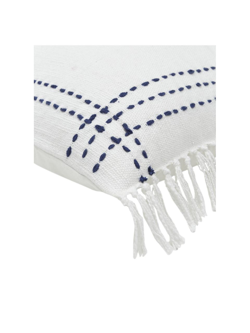 Bavlněný povlak na polštář s třásněmi Finca, 100 % bavlna, Bílá, modrá, Š 50 cm, D 50 cm