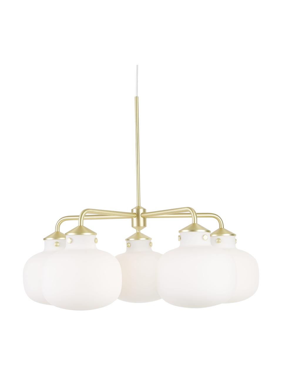 Lampada a sospensione in vetro Raito, Paralume: vetro opale, Decorazione: metallo, Baldacchino: materiale sintetico, Bianco opalino, ottone, Ø 67 x Alt. 55 cm