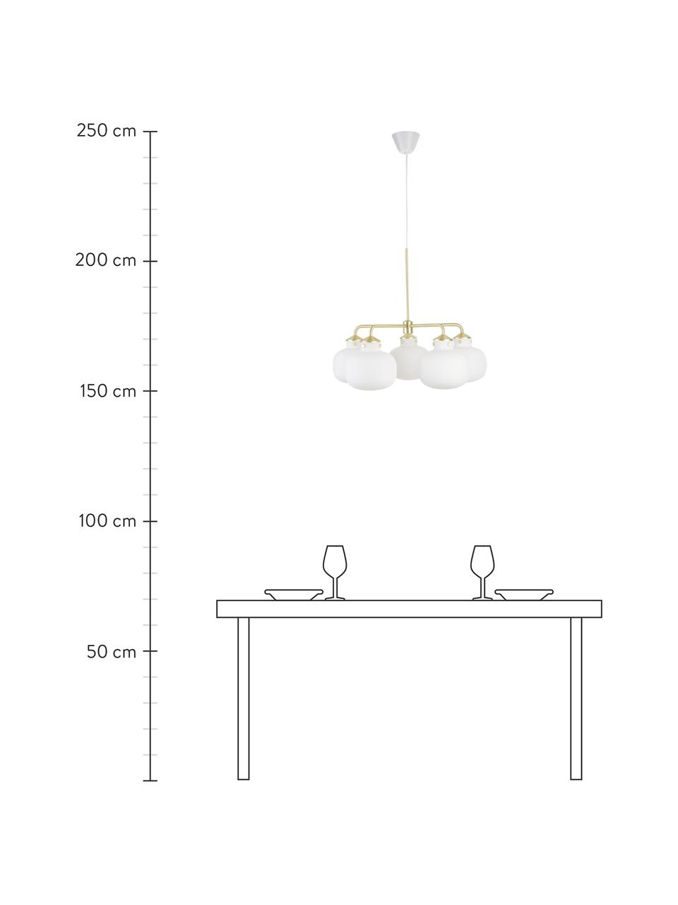 Grote hanglamp Raito van glas, Lampenkap: opaalglas, Decoratie: metaal, Baldakijn: kunststof, Opaalwit, messingkleurig, Ø 67  x H 55 cm