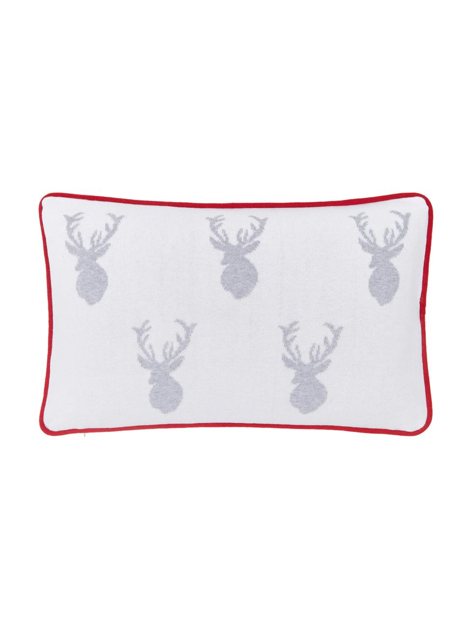 Jemně pletený oboustranný povlak na polštář s motivy jelenů a lemováním Forest, Krémově bílá, světle šedá Lemování: červená