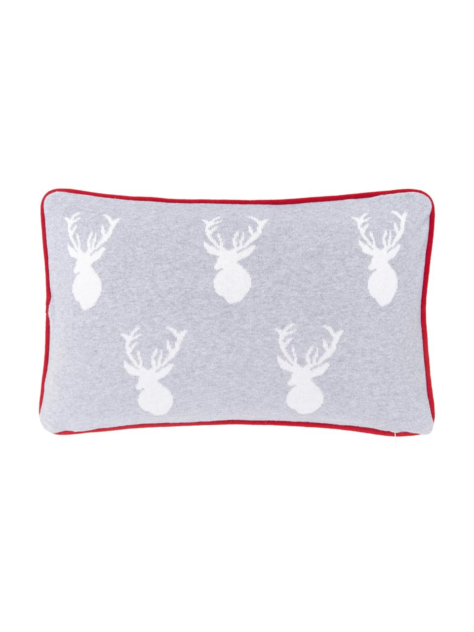 Jemně pletený oboustranný povlak na polštář s motivy jelenů a lemováním Forest, Krémově bílá, světle šedá Lemování: červená