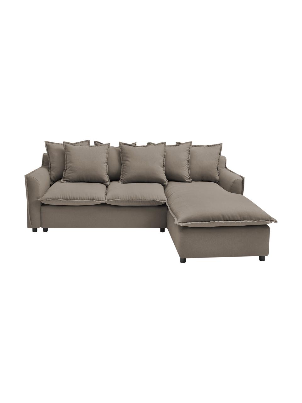 Divano letto angolare in tessuto taupe con contenitore Mona, Rivestimento: 100% poliestere idrorepel, Struttura: legno, truciolato, Piedini: plastica, Taupe, Larg. 230 x Prof. 170 cm