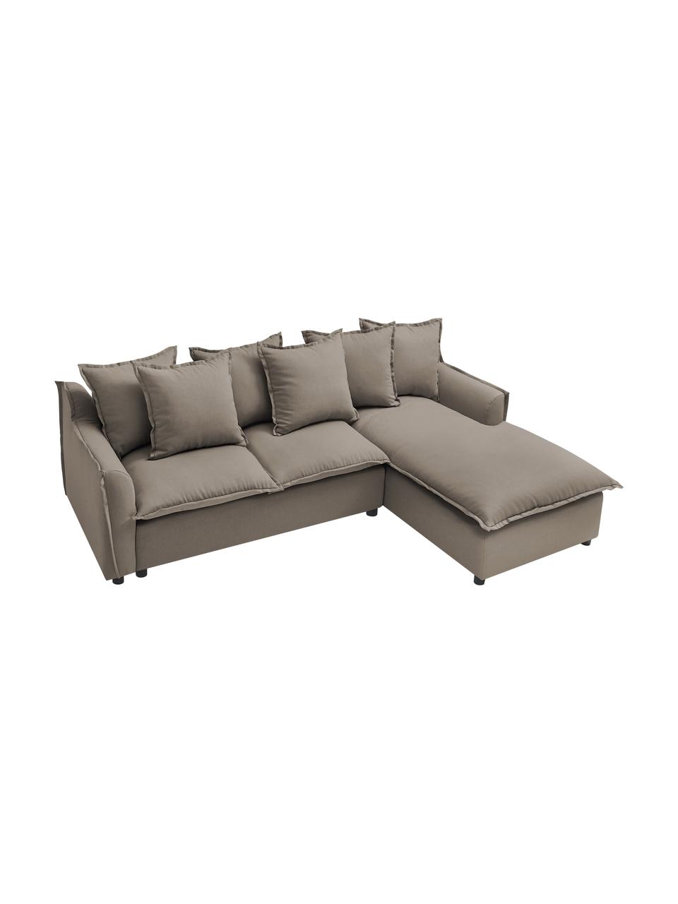 Divano letto angolare in tessuto taupe con contenitore Mona, Rivestimento: 100% poliestere idrorepel, Struttura: legno, truciolato, Piedini: plastica, Taupe, Larg. 230 x Prof. 170 cm