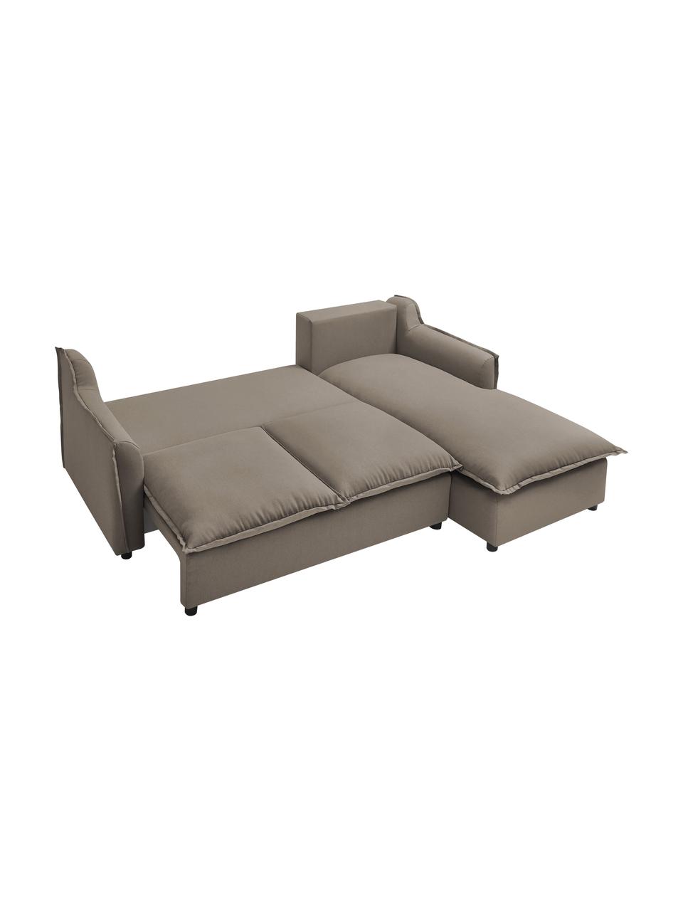 Divano letto angolare in tessuto taupe con contenitore Mona, Rivestimento: 100% poliestere idrorepel, Struttura: legno, truciolato, Piedini: plastica, Taupe, Larg. 230 x Prof. 170 cm