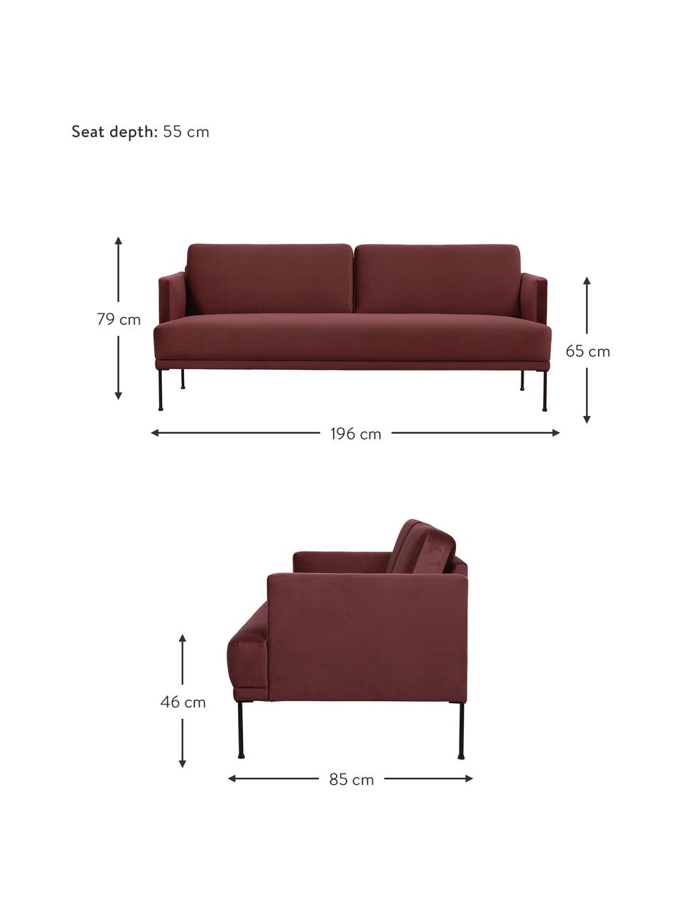 Divano 3 posti in velluto rosso ruggine Fluente, Rivestimento: velluto (copertura in pol, Struttura: legno di pino massiccio, Piedini: metallo verniciato a polv, Velluto rosso ruggine, Larg. 196 x Prof. 85 cm