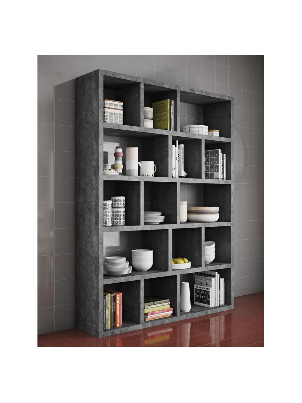 Libreria grande effetto cemento Portlyn, Rivestimento: fibra a media densità, Superficie: strato melaminico, Grigio, Larg. 150 x Alt. 198 cm