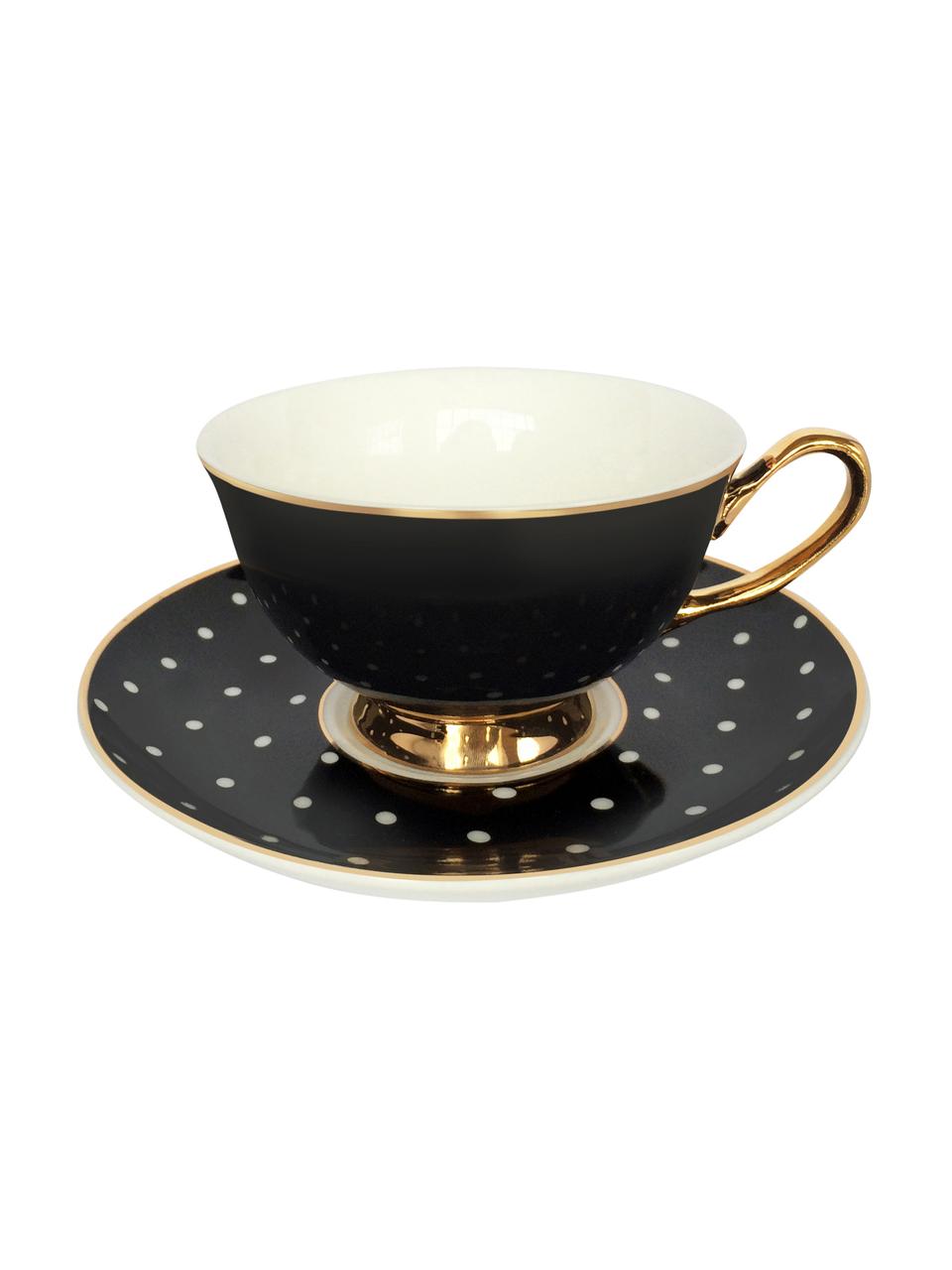 Tazza da tè con piattino Spotty 2 pz, Porcellana cinese placcata oro, Nero, bianco Bordo e manico: dorato, Ø 15 x Alt. 6 cm