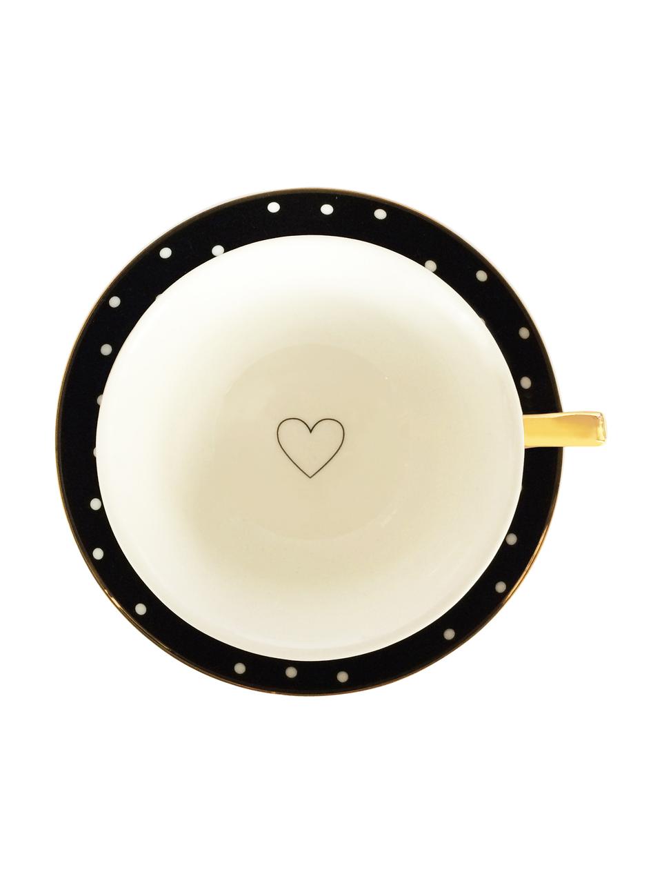 Taza de té con platito Spotty, Porcelana fina, dorada, Negro, blanco Borde y asa: oro, Ø 15 x Al 6 cm