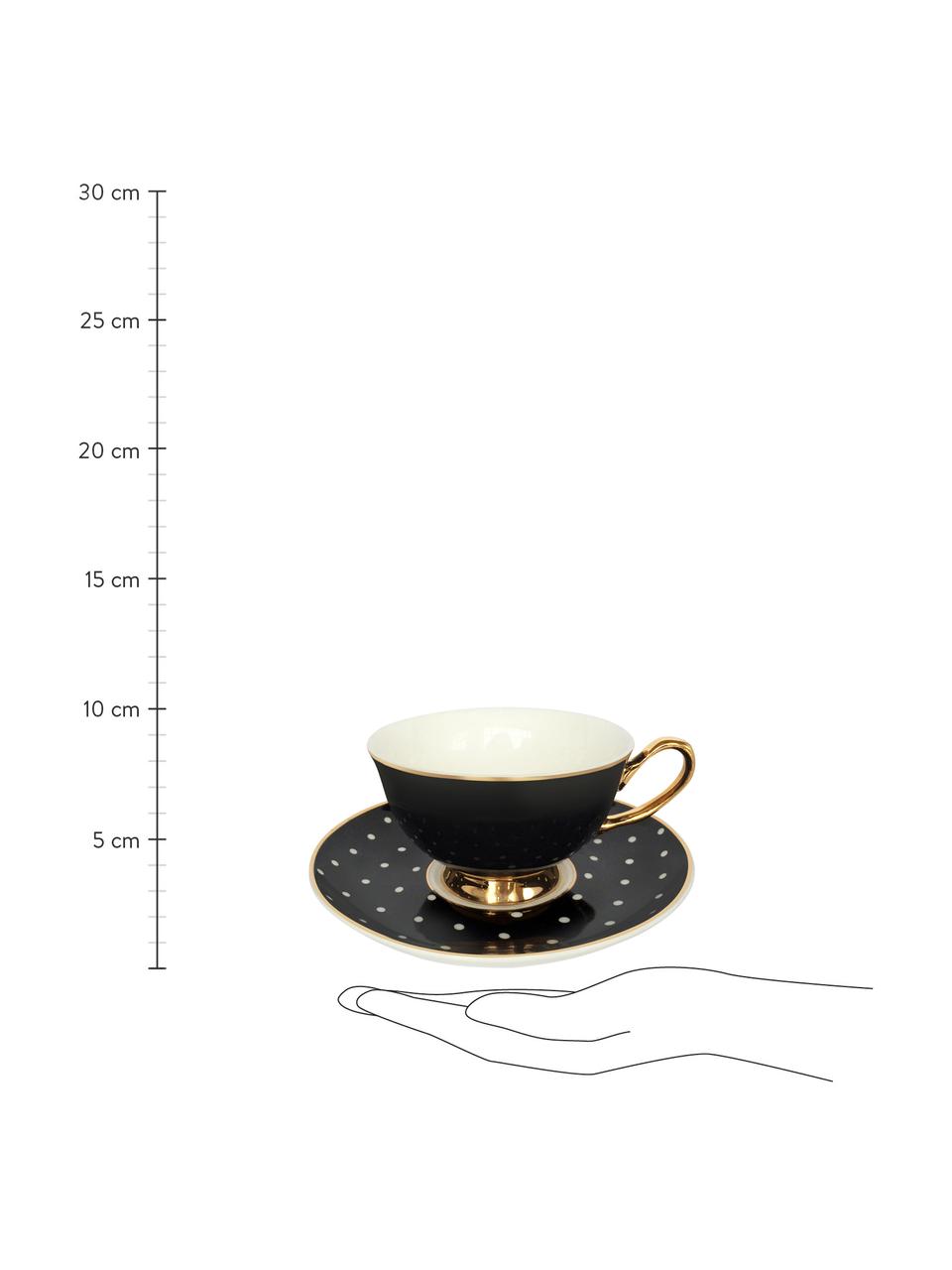 Taza de té con platito Spotty, Porcelana fina, dorada, Negro, blanco Borde y asa: oro, Ø 15 x Al 6 cm