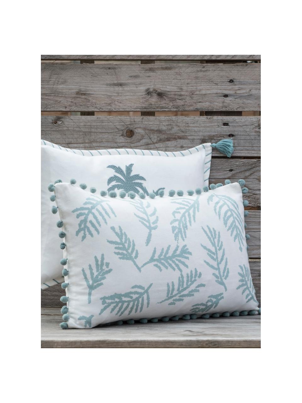 Poszewka na poduszkę z pomponami Jungle, 100% bawełna, Biały, niebieski, S 30 x D 50 cm