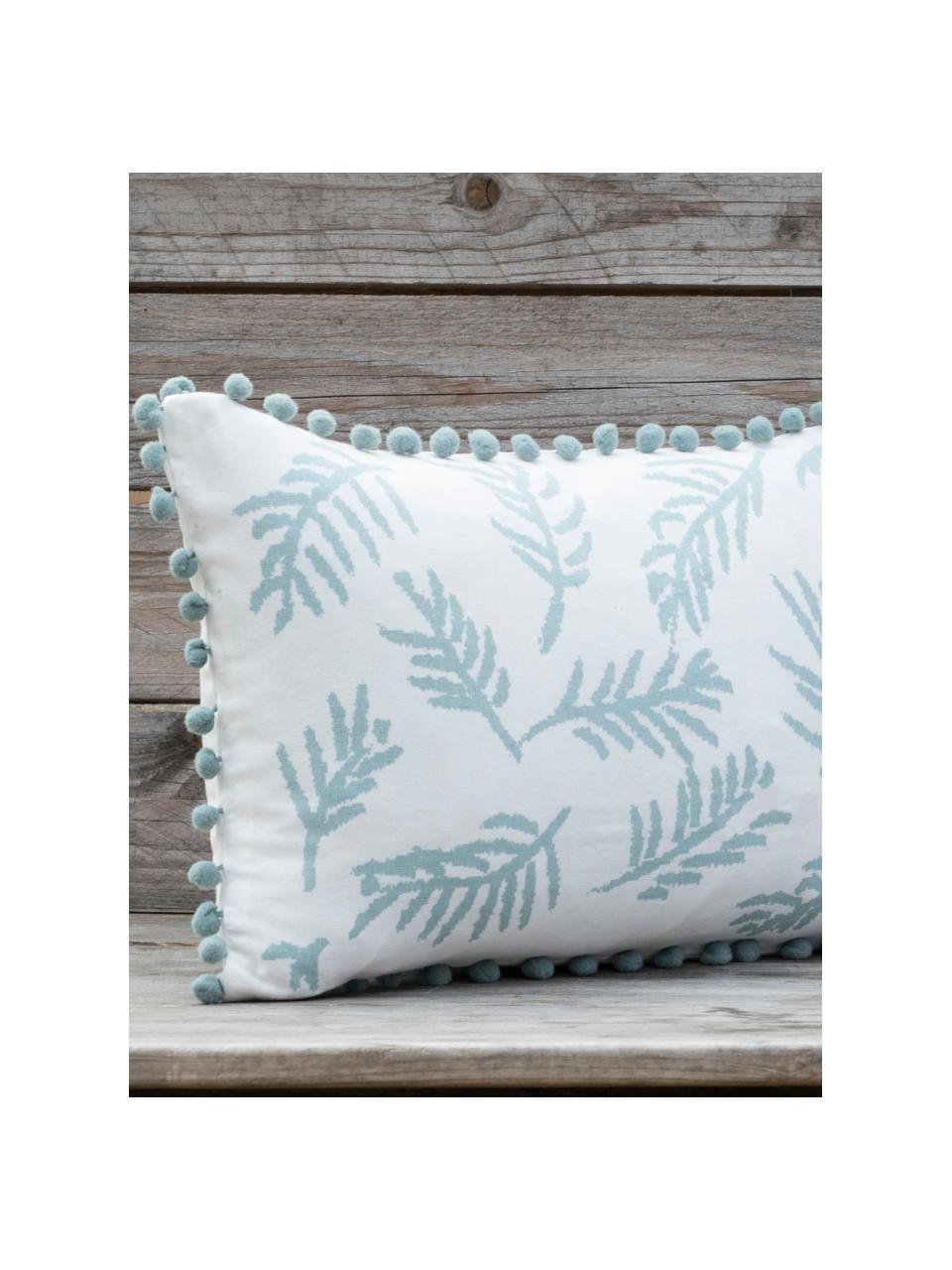 Kissenhülle Jungle mit Blätter-Motiv und Pompoms, 100% Baumwolle, Weiß, Blau, 30 x 50 cm