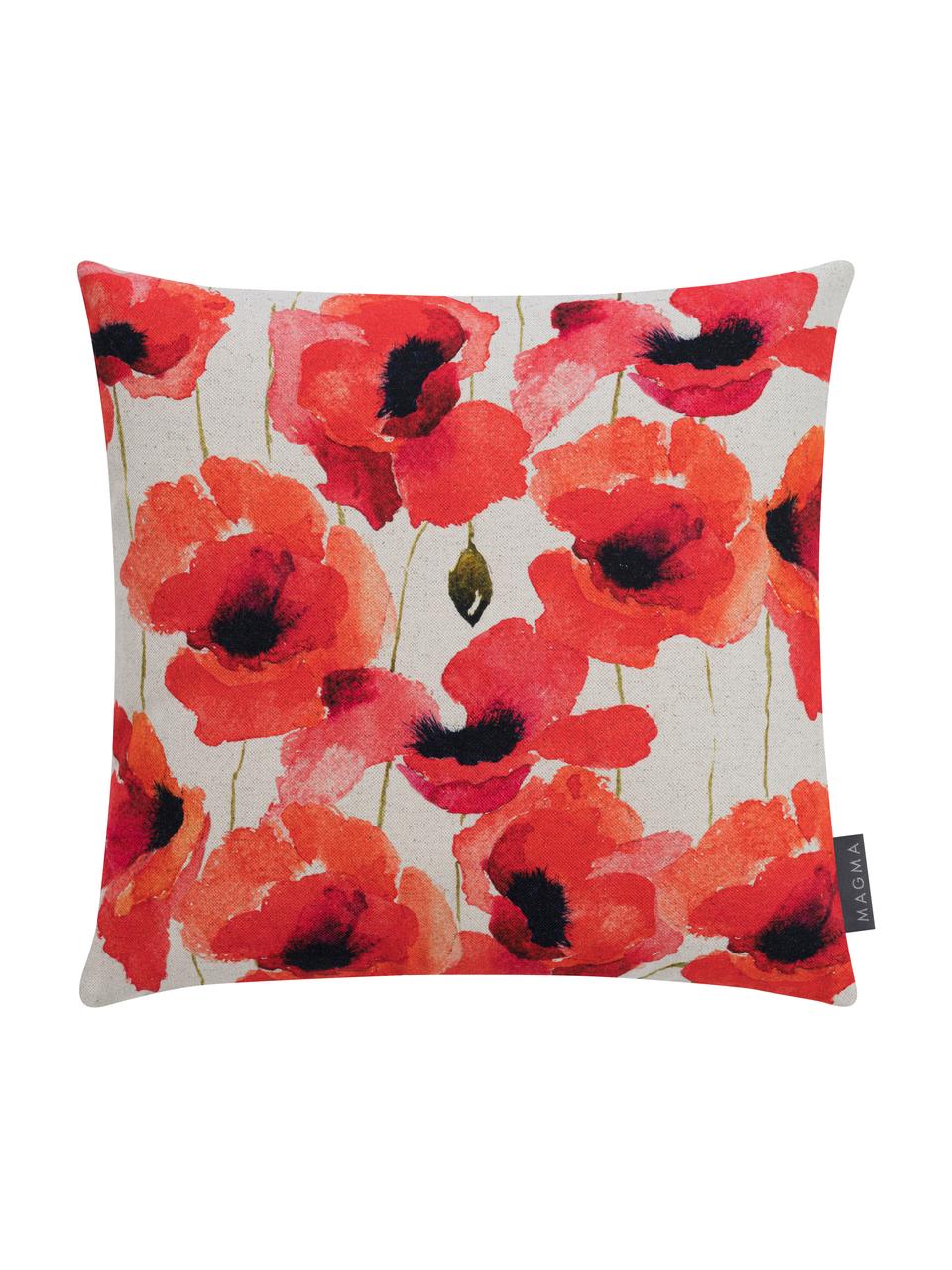 Kissenhülle Poppy mit Mohnmotiv, 85% Baumwolle, 15% Leinen, Rot, Weiss, Schwarz, 40 x 40 cm