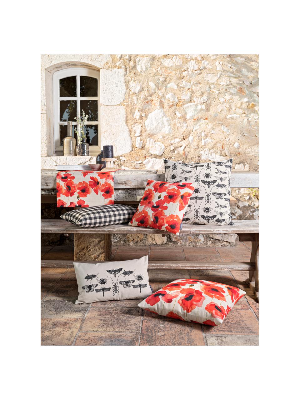 Housse de coussin coquelicots Poppy, Rouge, blanc, noir