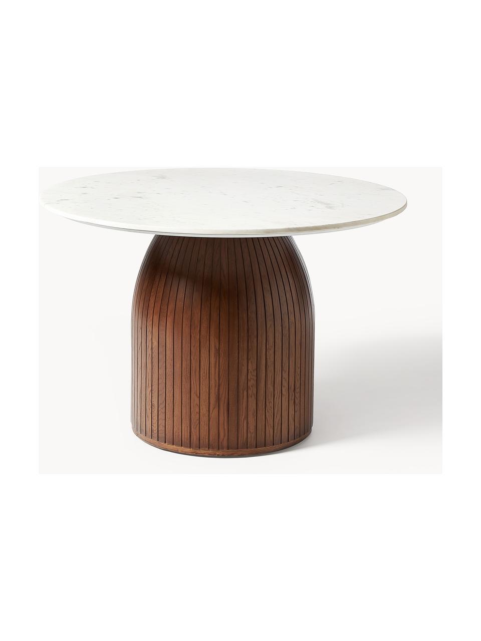 Okrągły stół do jadalni z marmurowym blatem Nelly, Ø 115 cm, Blat: marmur, Noga: drewno mangowe, drewno dę, Biały, marmurowy, ciemne drewno mangowe, Ø 115 cm
