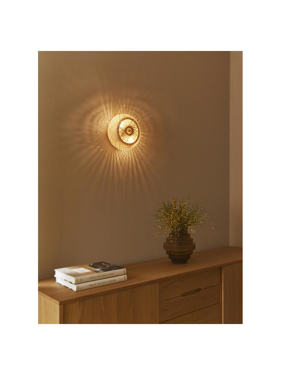 Design wandlamp Evelyn van bamboehout, naturel, Lampenkap: bamboe, Lichtbruin, goudkleurig, Ø 25 cm, D 10 cm