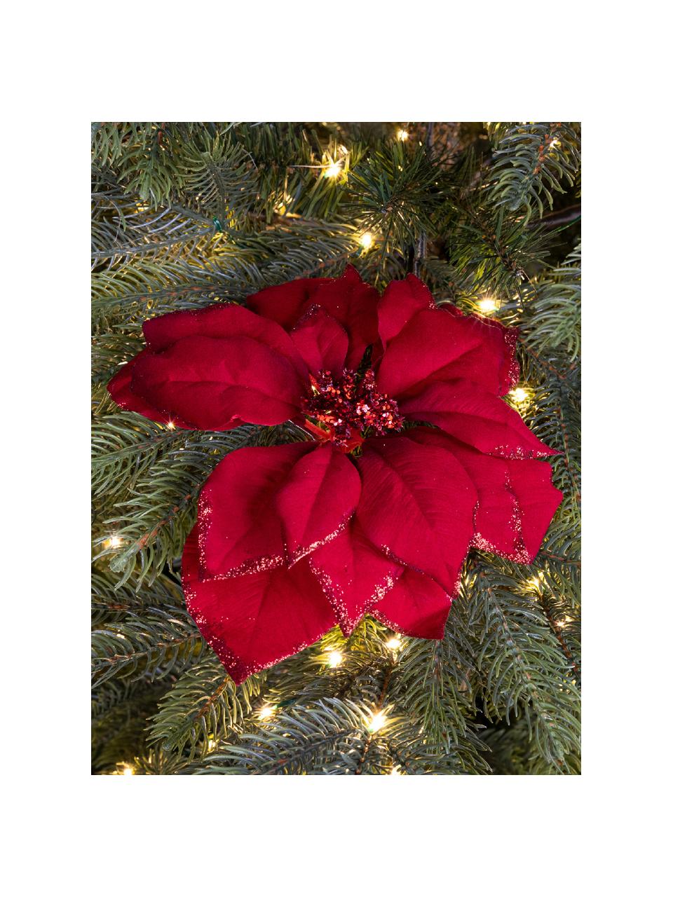 Adornos navideños Poinsettia, 2 uds., Poliéster, Rojo, Ø 24 x Al 7 cm