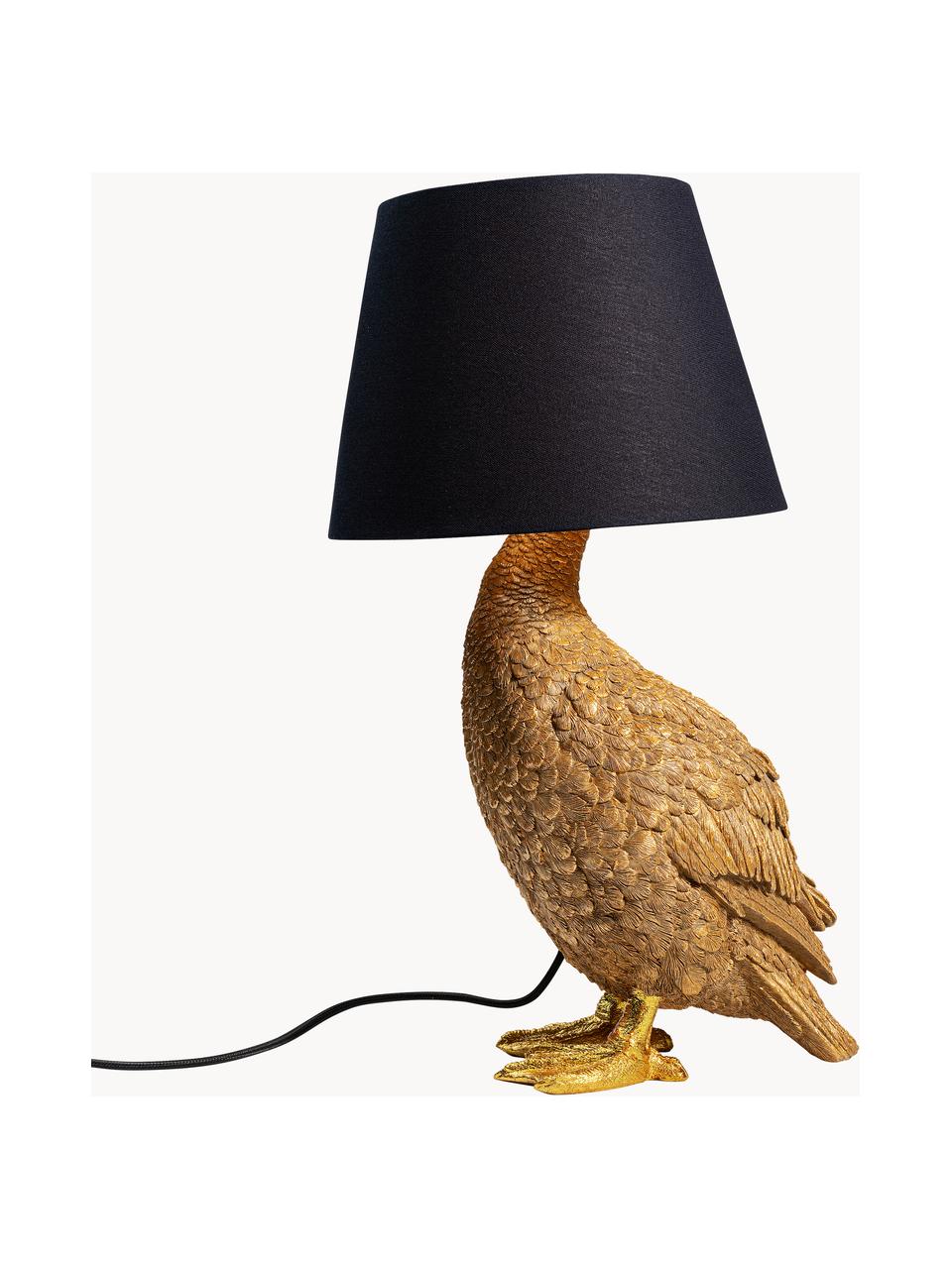 Grote design tafellamp Duck, Lampenkap: katoen, Lampvoet: polyresin, Goudkleurig, zwart, B 31 x H 58 cm