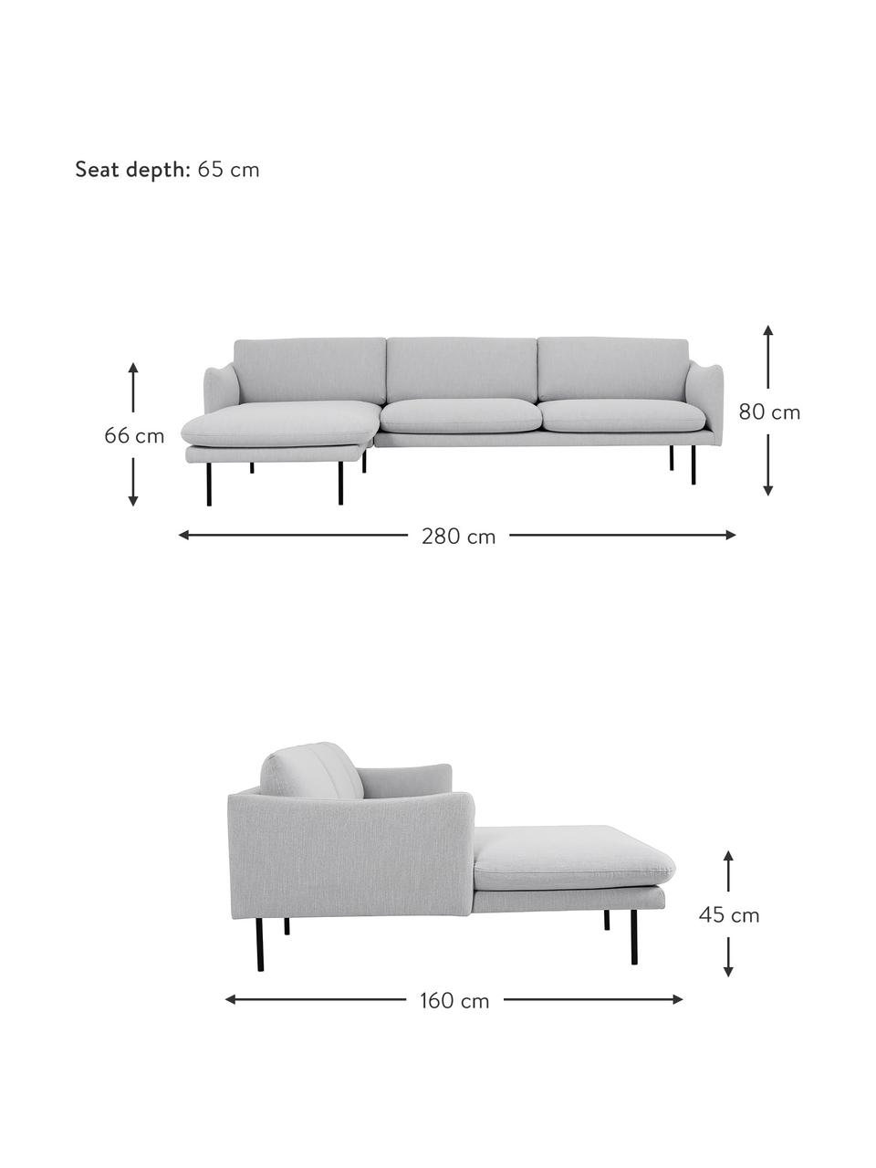 Rohová pohovka s kovovými nohami Moby, Světle šedá, Š 280 cm, H 160 cm, levé rohové provedení
