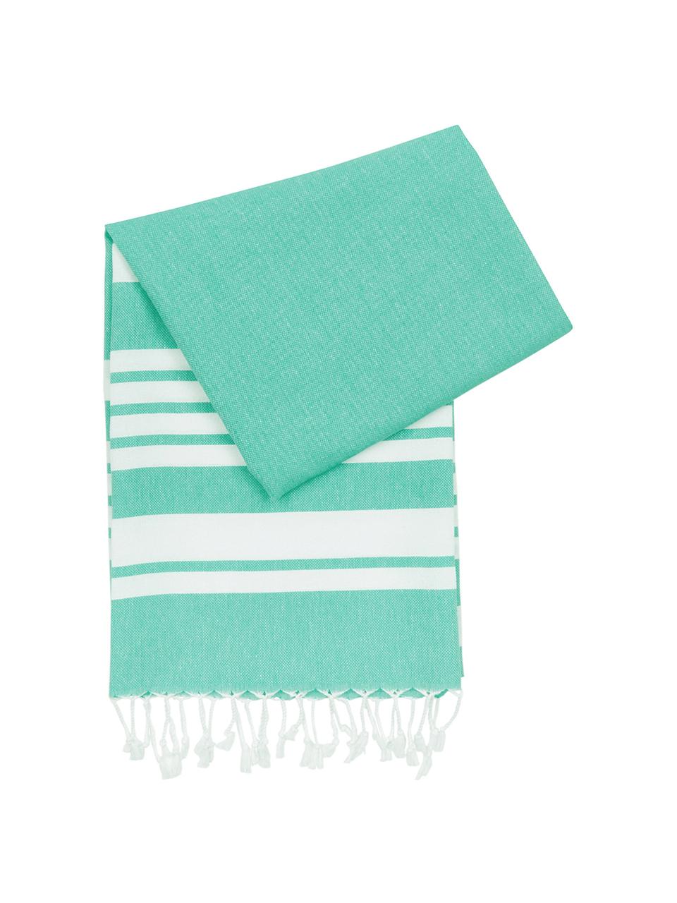 Fouta z frędzlami Stripy, Bawełna
Bardzo niska gramatura, 185 g/m², Turkusowy, biały, S 95 x D 175 cm