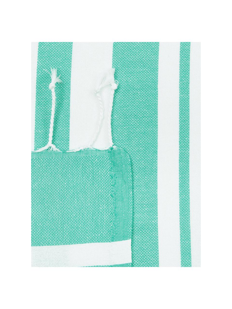 Gestreepte hamamdoek Stripy met franjes, Katoen
Zeer licht materiaal, 185 g/m², Turquoise, wit, 95 x 175 cm