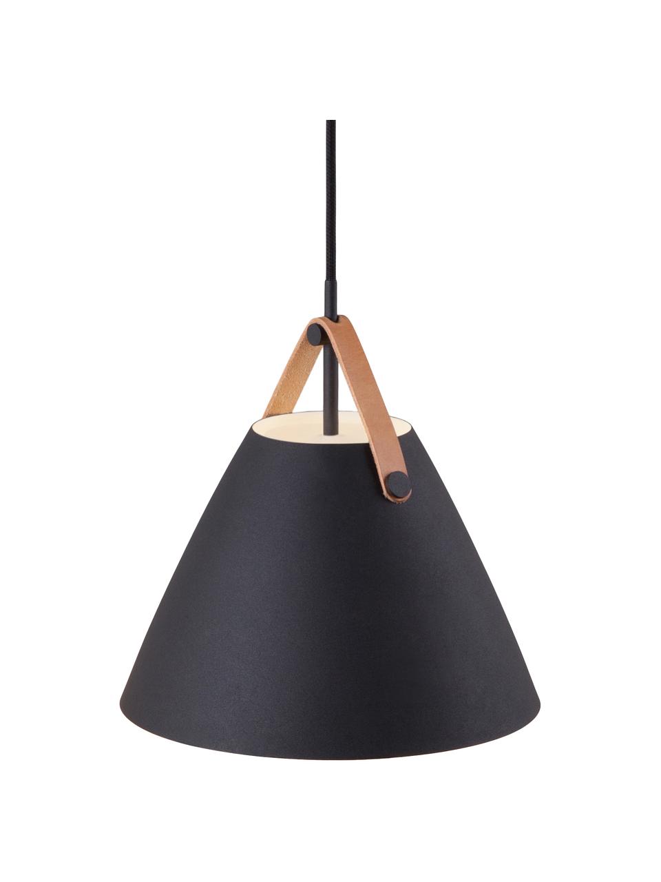 Hanglamp Strap met verwisselbare leren band, Lampenkap: gepoedercoat metaal, Baldakijn: kunststof, Zwart, Ø 27  x H 25 cm