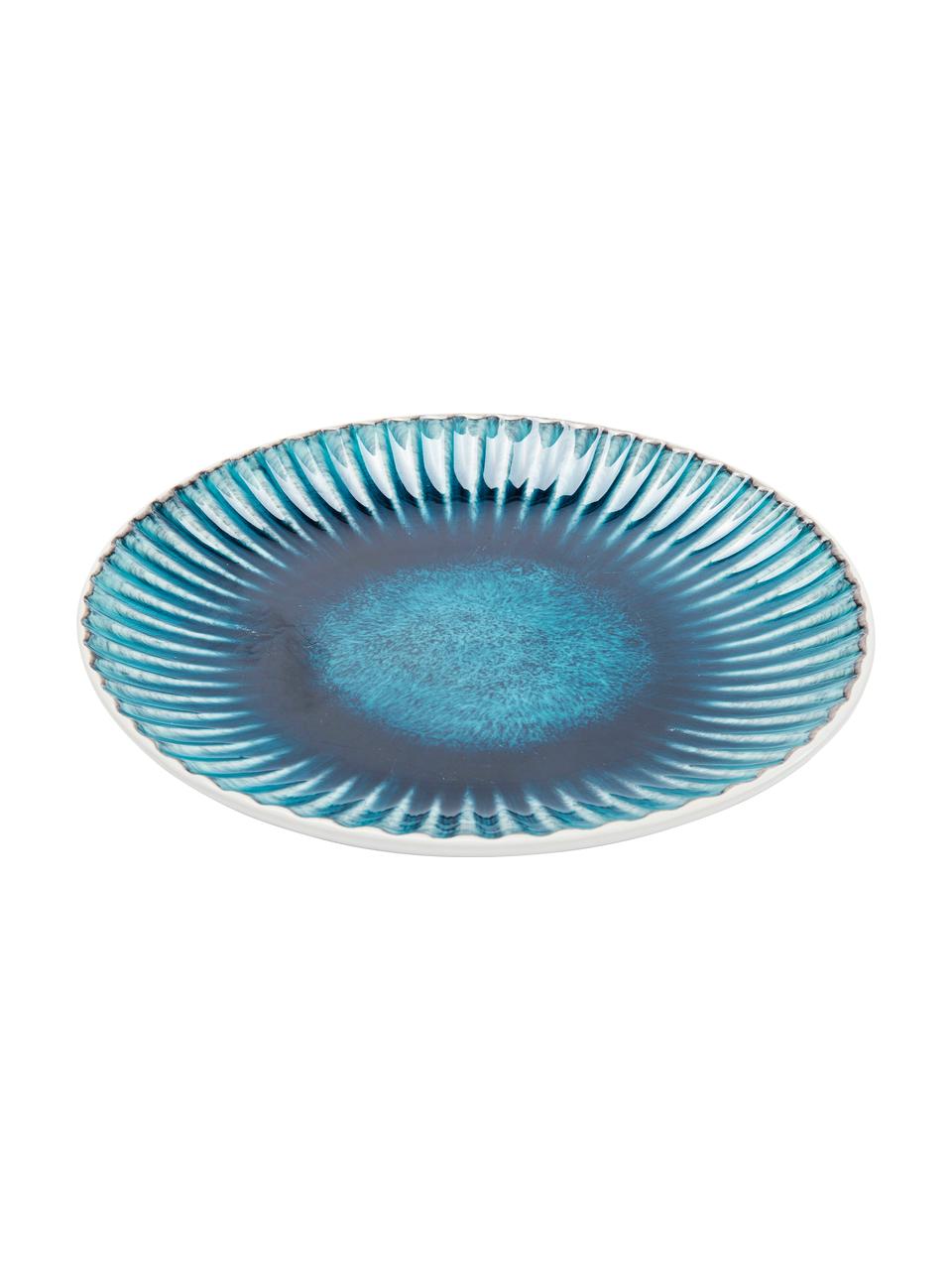 Platos postre artesanales Mustique, 4 uds., Cerámica de gres esmaltada, Turquesa, azul oscuro, blanco, Ø 21 cm