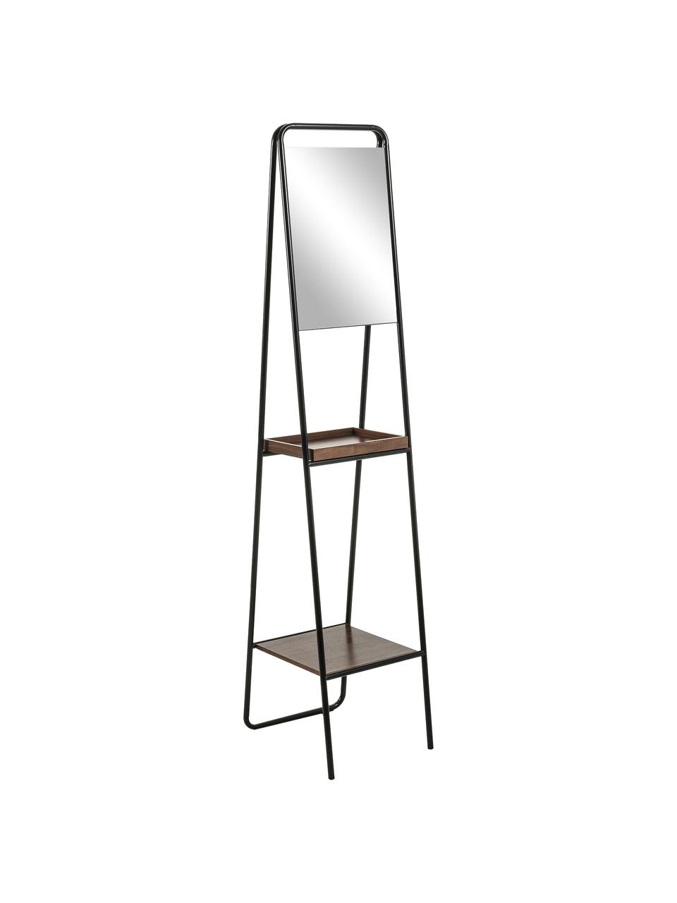 Standspiegel Benneth mit zwei Ablageflächen, Rahmen: Metall, beschichtet, Ablagefläche: Walnussholz, Spiegelfläche: Spiegelglas, Schwarz, 35 x 164 cm