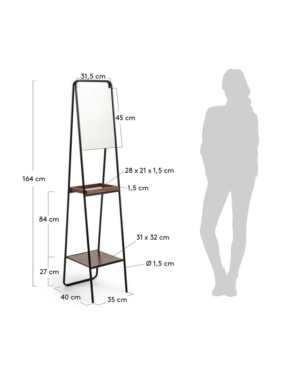 Mobile da pavimento con specchio Benneth, Struttura: metallo, verniciato, Ripiani: pannello di fibra a media, Nero, Larg. 35 x Alt. 164 cm