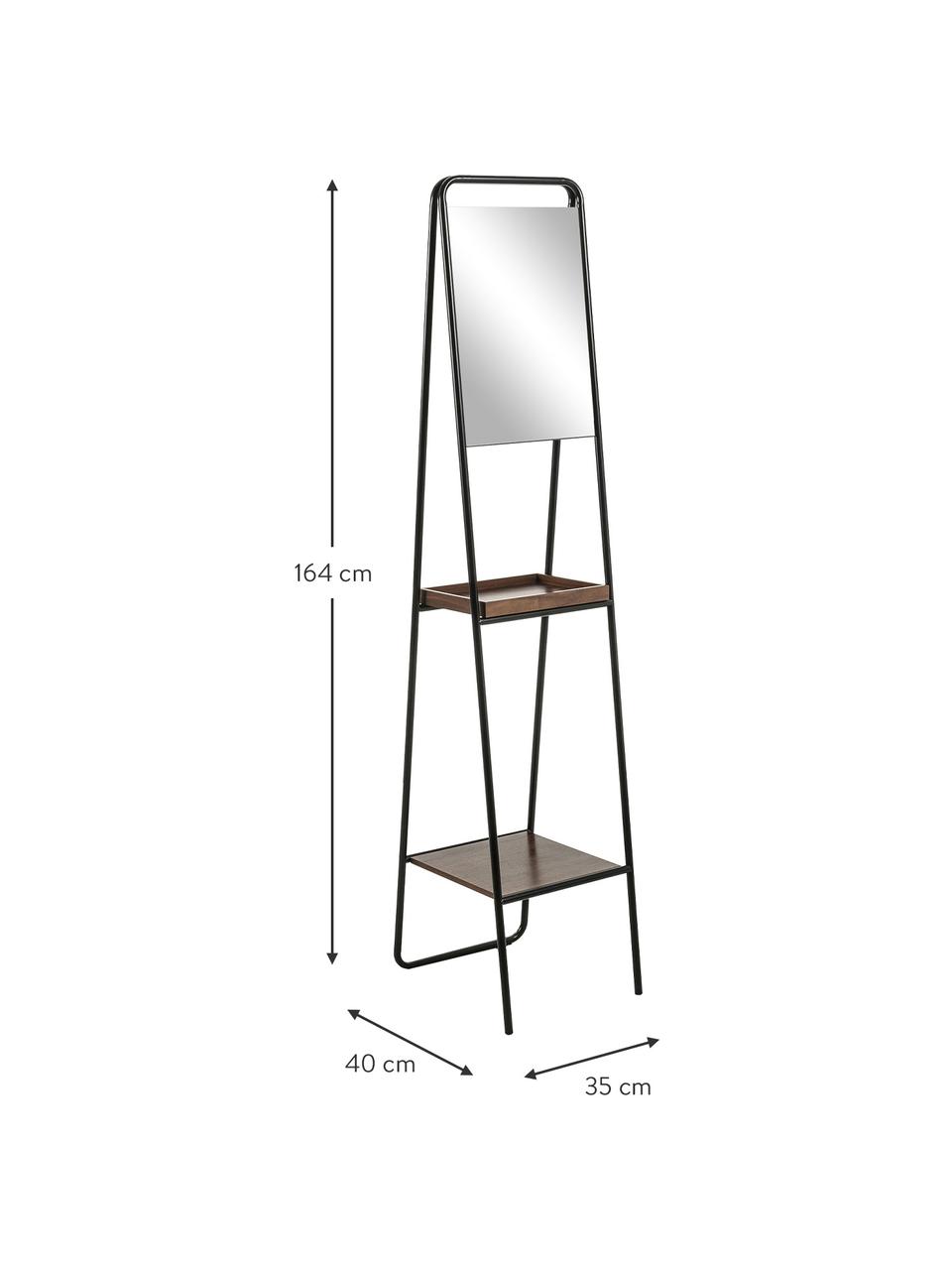 Vloerspiegel Benneth met twee plateaus, Frame: gecoat metaal, Plank: walnoothout, Zwart, 35 x 164 cm