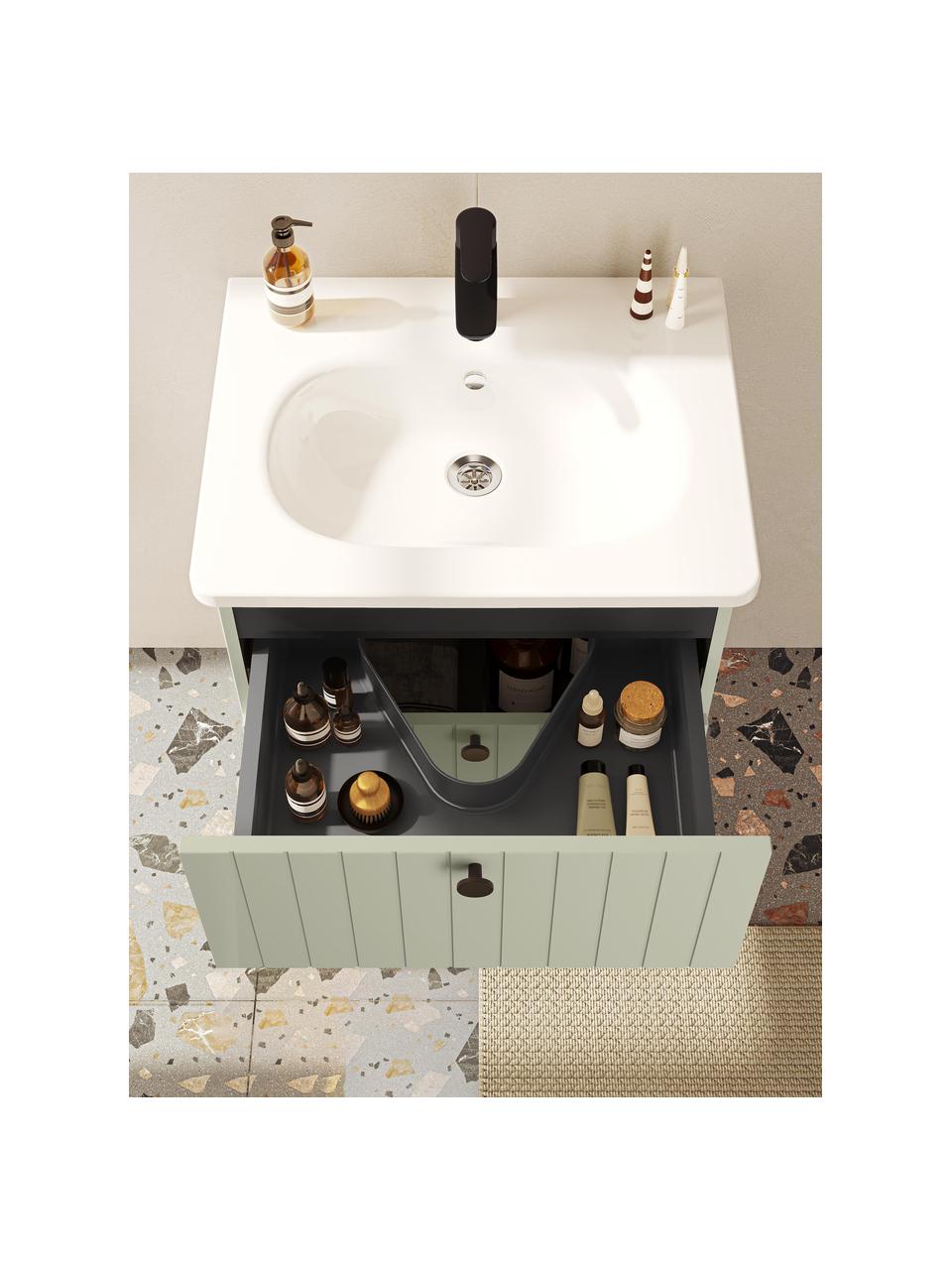 Lavabo con armadietto dalla finitura opaca Emil, Manico: alluminio rivestito, Verde salvia, Larg. 60 x Alt. 67 cm