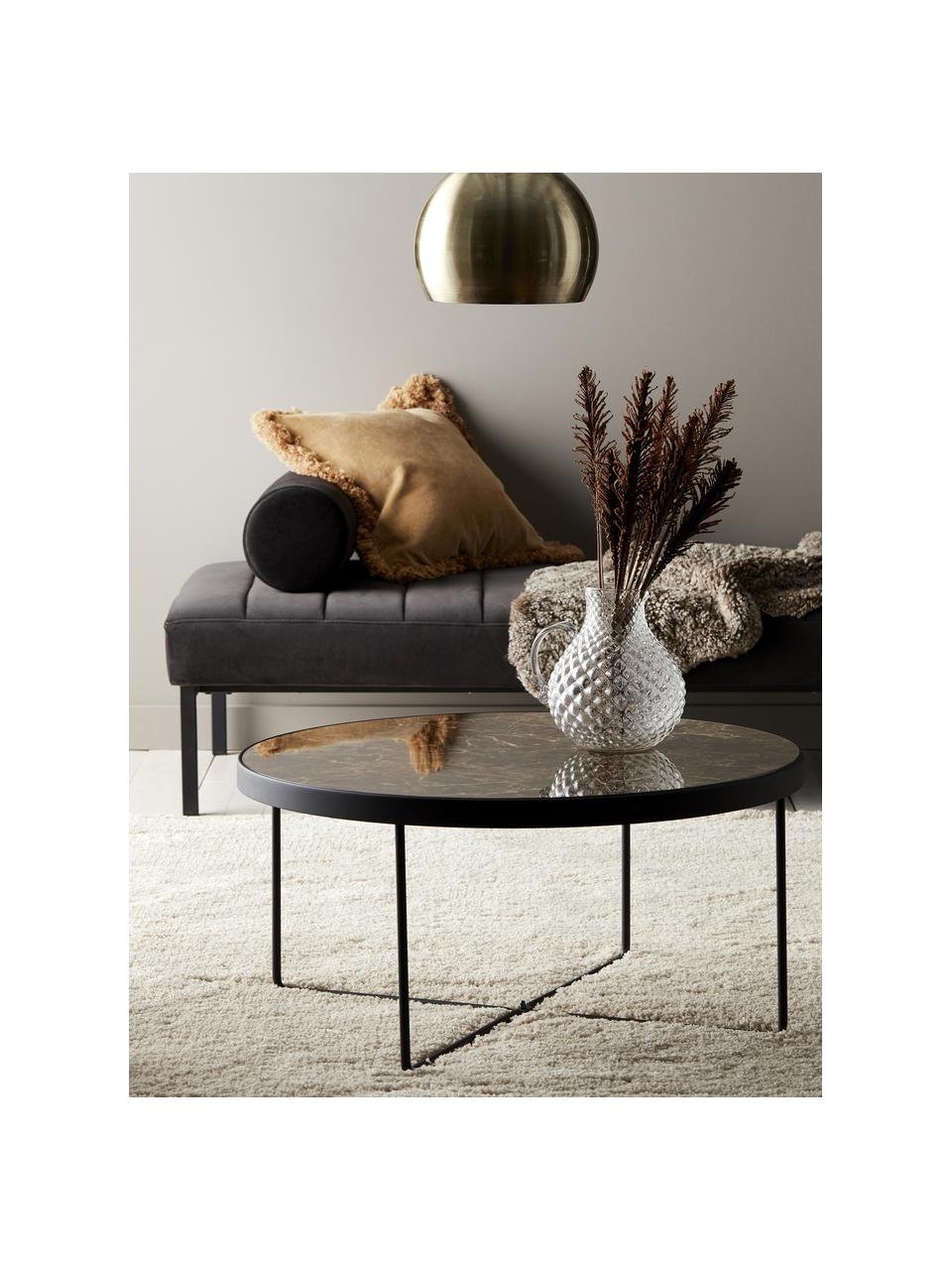 Mesa de centro redonda de metal Gellina, con tablero de vidrio, Tablero: vidrio templado impreso, Estructura: metal recubierto, Negro, mármol marrón, Ø 80 cm