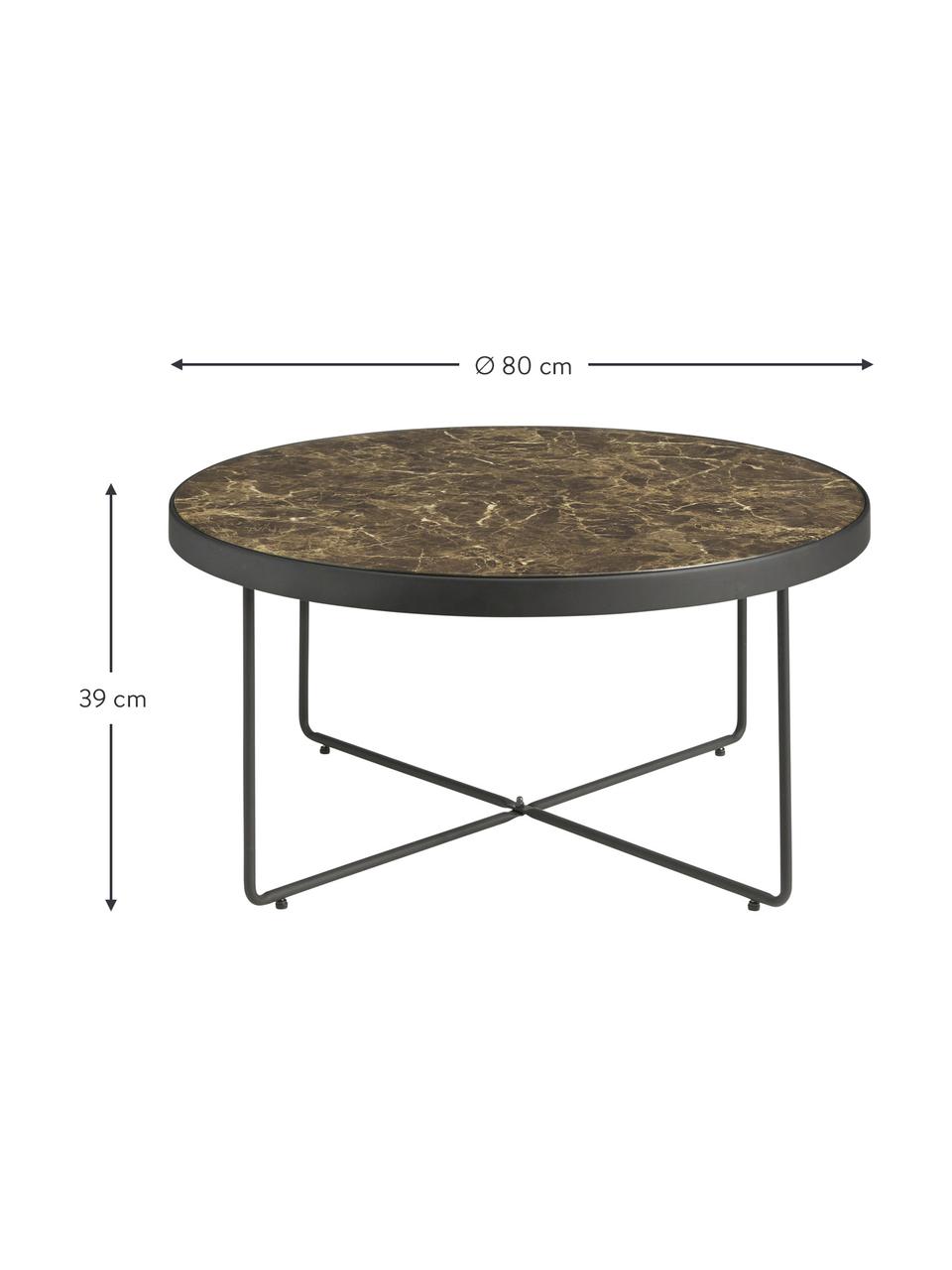 Kulatý kovový konferenční stolek s mramorovanou skleněnou deskou Gellina, Černá, hnědá, mramorovaná, Ø 80 cm