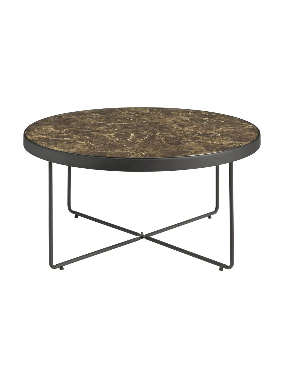 Kulatý kovový konferenční stolek s mramorovanou skleněnou deskou Gellina, Černá, hnědá, mramorovaná, Ø 80 cm